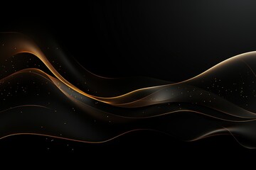 Abstract black background with golden wavy lines and glowing particles.