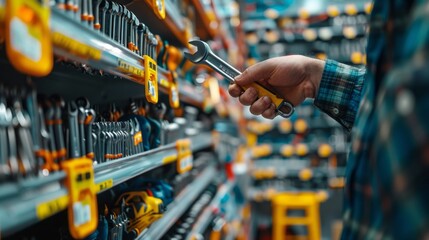 A man is holding a yellow wrench in a hardware store