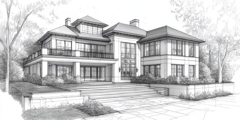 Fototapeta premium A drawing of a large house with a lot of windows and a balcony