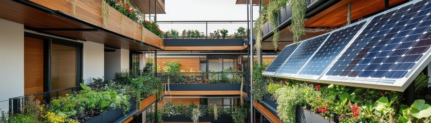 Sustainable urban architecture showcasing modern design with solar panels and lush greenery in a vibrant environment.