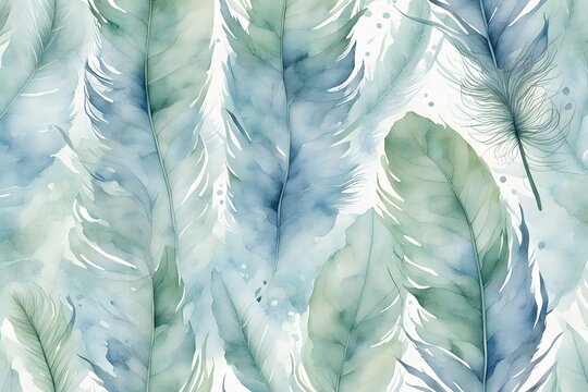 Delicate feather like watercolor patterns in light blues and greens, AI Generated