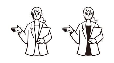 案内をする英会話講師女性の線画セット