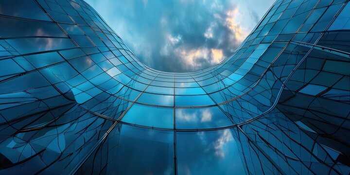 A blue building with a curved roof and a cloudy sky in the background