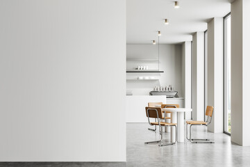 Modern cafe interior with empty blank wall for mockup. 3D Rendering