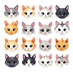 Fototapeta premium Cute Cat Faces Illustration - Diverse Kittens Cartoon Design for Pet Lovers, Stickers, and Decor