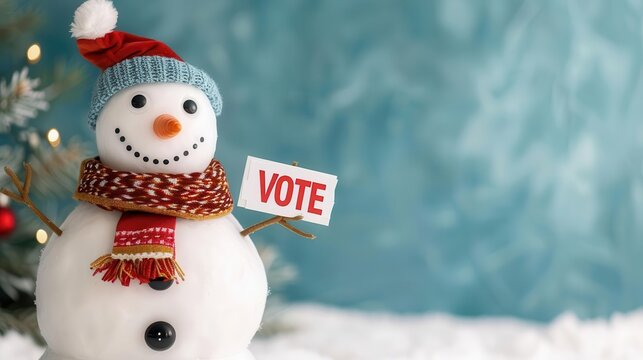 Cute snowman wearing a red scarf and blue hat, holding a vote sign on a snowy winter background.