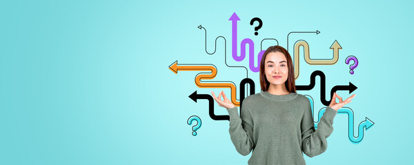 Woman with multiple arrows and question marks on a blue backgrou