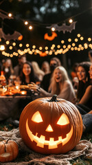 Halloween party with glowing Jack-o'-lantern and friends.