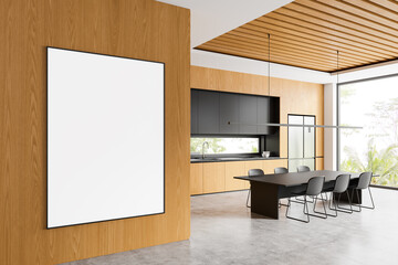 Kitchen interior with eating table and cooking cabinet, window. Mockup poster