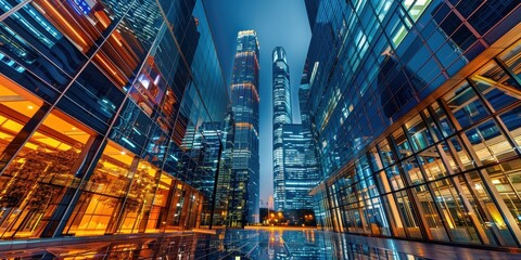 Fototapeta premium A city skyline at night with many tall buildings and a large body of water