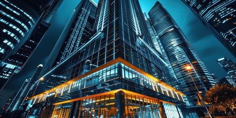 Obraz premium A city skyline at night with tall buildings and a large glass building