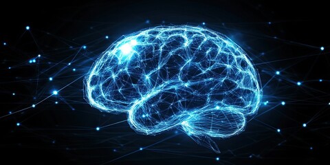 Digital brain with neural network connections, Illustration of a glowing digital brain with interconnected neural networks, representing artificial intelligence, machine learning, and advanced technol