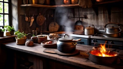 a kitchen with a stove and pots on the counter top and a fire in the middle of the stove.