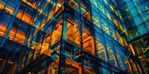 A building with a lot of glass windows and a lot of orange lights