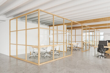 Office interior with coworking and glass meeting room, panoramic window