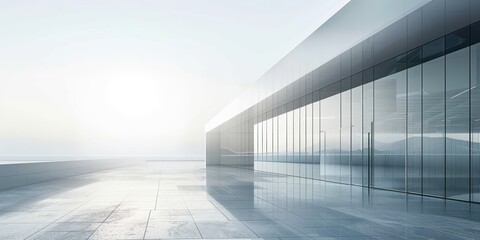 A large glass building with a clear sky in the background