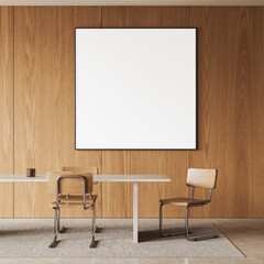 Wooden home living room interior with chairs and eating table, mockup frame