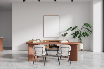 Modern kitchen interior with blank poster on wall. 3D Rendering