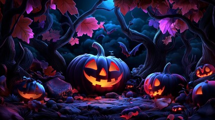 A fantasy Halloween illustration with mythical creatures celebrating in an enchanted forest.