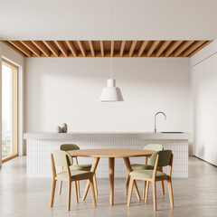 Modern kitchen interior with wooden furniture and minimalist design. 3D Rendering