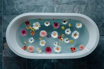 A white bath with water and flowers floating in it