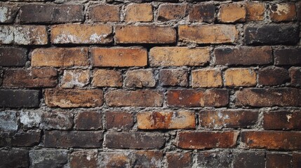 Close-up of an empty, old brick wall, showcasing its rugged texture and historic charm with a weathered look.