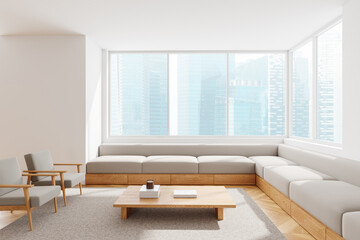 Modern home living room interior with couch and armchairs, panoramic window