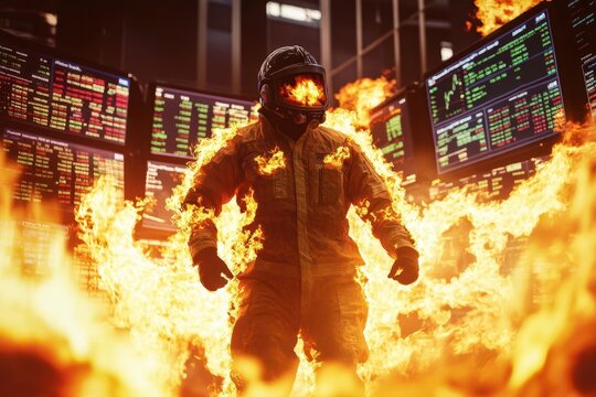 Financial trader in a fireresistant suit surrounded by burning stock market screens, market on fire