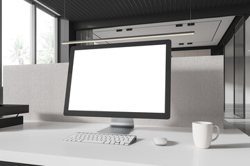 Fototapeta premium Office coworking interior with pc computer on table with mockup display