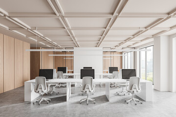 Modern open space office with white desks and chairs. 3D Rendering