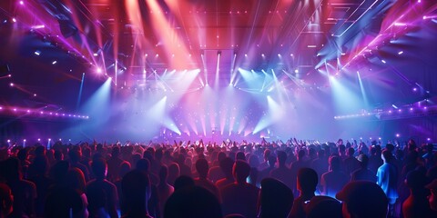 Exciting scene of a concert venue filled with people, featuring colorful stage lights, a lively crowd, and the electric atmosphere of a live performance