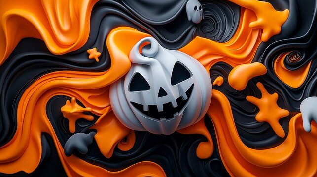 An abstract Halloween composition with swirling colors and shapes representing ghosts and ghouls.