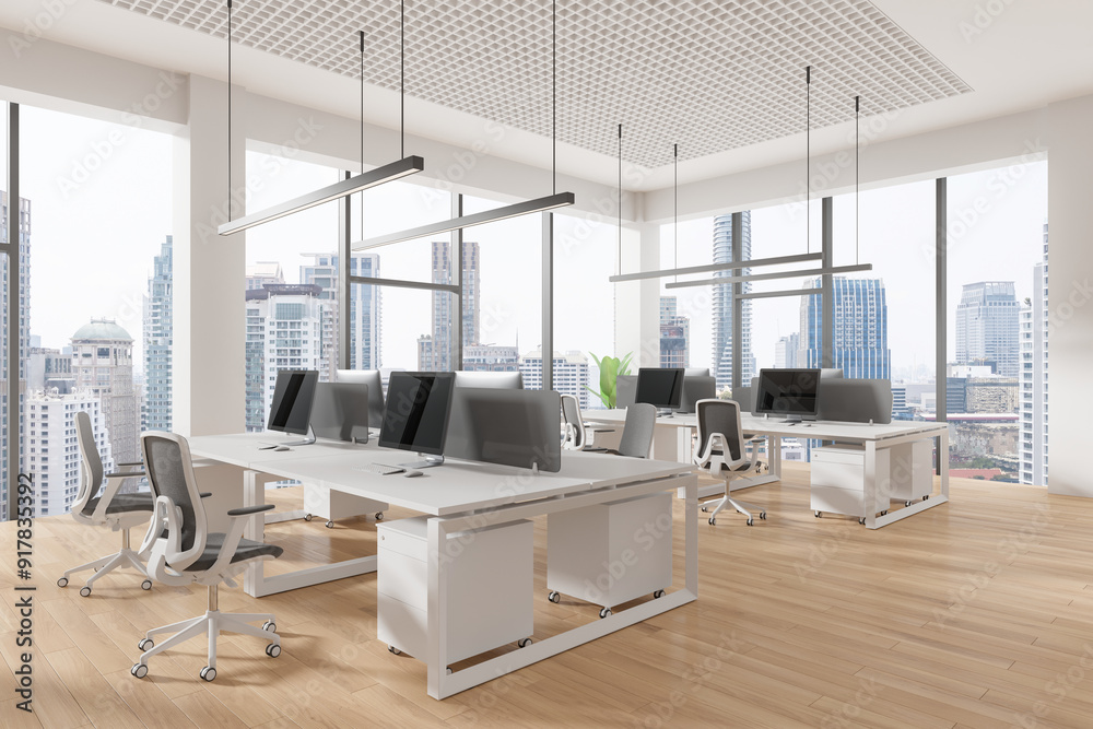 Sticker modern open office space with city view through large windows. 3d rendering