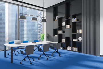 Modern business room interior with meeting table and chairs, panoramic window