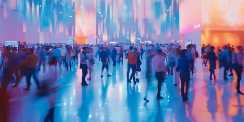Blurry crowd at a corporate event, depicting guests engaged in informal conversations, attending sessions, and enjoying the modern, high-energy setting of the event