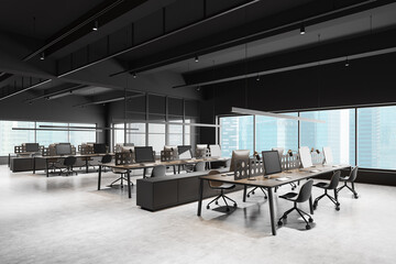 Modern open space office interior with computer desks and city view. 3D Rendering