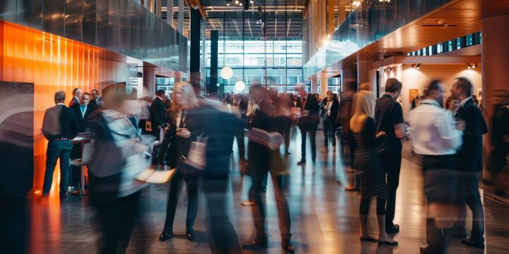 Blurry crowd at a corporate event, depicting guests engaged in informal conversations, attending sessions, and enjoying the modern, high-energy setting of the event