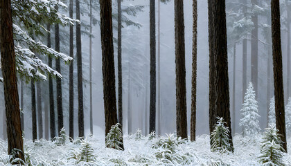 A serene winter forest scene featuring tall trees with snow-covered ground and misty background. The trees have textured bark and moss, creating a tranquil atmosphere.
