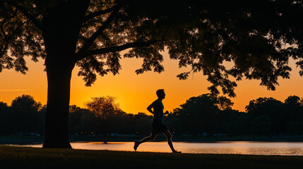 Silhouette of a person jogging by a lake at sunset, with the sky painted in warm orange hues, under a large tree with leaves forming a natural frame.