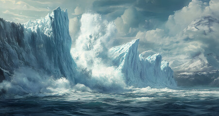 Massive Glacier Breaking Off and Crashing into the Ocean, Depicting the Dramatic Impact of Climate Change and Global Warming, Highlighting the Fragility of Earth's Ice Caps and the Urgency of Environm