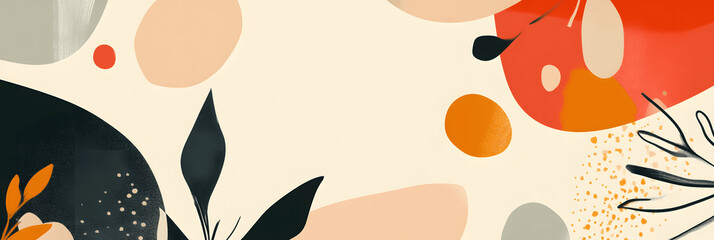 Abstract banner with mix of geometric forms and organic shapes in autumnal colors, muted tones, open space for text on the right