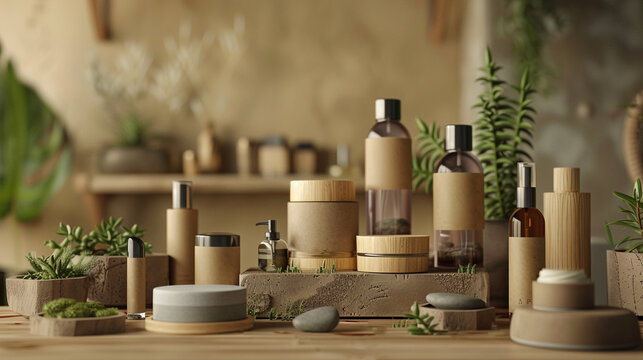 Mockup de Productos Cosm&eacute;ticos Naturales en Envases Sostenibles con Fondo de Madera y Plantas