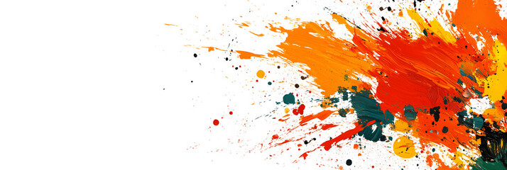 Abstract banner with splashes of vibrant fall colors on white canvas, dynamic brush strokes, open space for text on the left