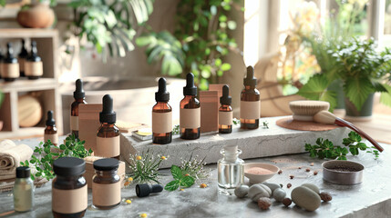 Productos de cosmética natural en envases sostenibles, rodeados de plantas y elementos naturales en un ambiente iluminado