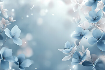 Soft blue and white flowers in a dreamy, ethereal setting, with bokeh lights and a calming pastel background. The image conveys a sense of serenity and delicate beauty.