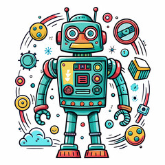 Cute robot cartoon icon character isolated, graphic design sign