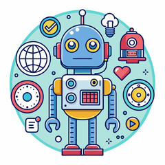 Cute robot cartoon icon character isolated, graphic design sign