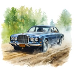Fototapeta premium Classic Blue Car on Dusty Road Near Forest - Watercolor Illustration of Vintage Vehicle