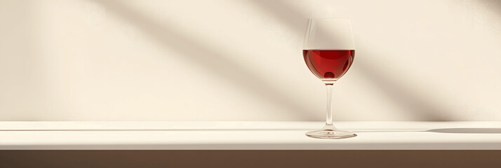 Drink banner with minimalist red wine glass, clean white table, soft shadows, and copy space for text