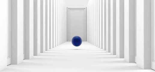 A blue sphere floats in the center of a long, white hallway with rows of closed doors. A minimalist abstract design concept.
